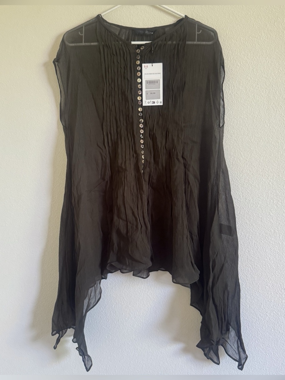 NWT ZARA Sheer Crinkle Flowy Green Blouse Size S